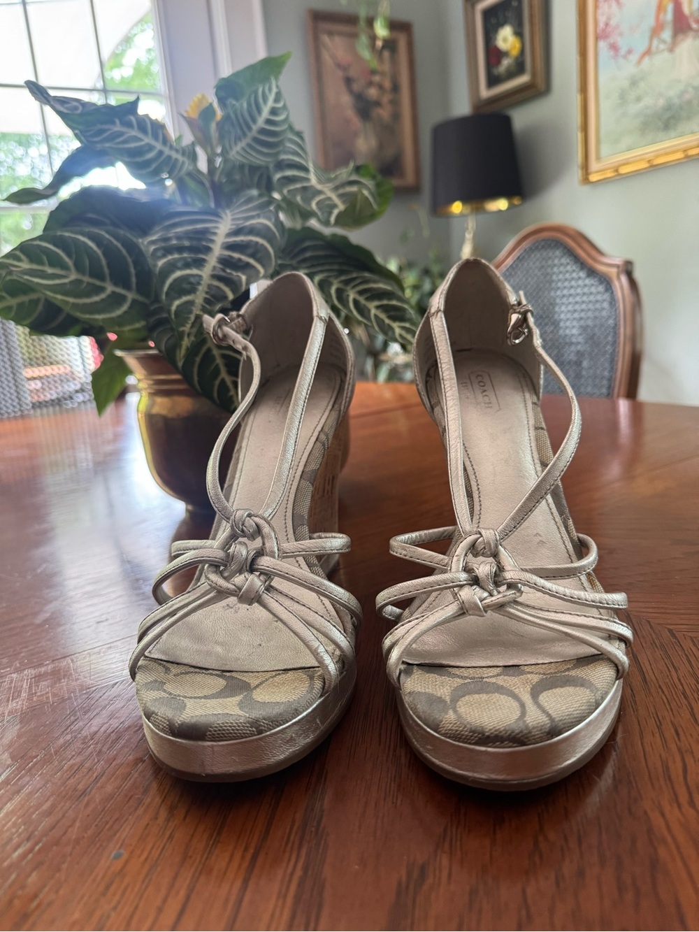 Coach Y2K Joslin Metallic Beige Strappy Wedge Sandals - Women's size 9